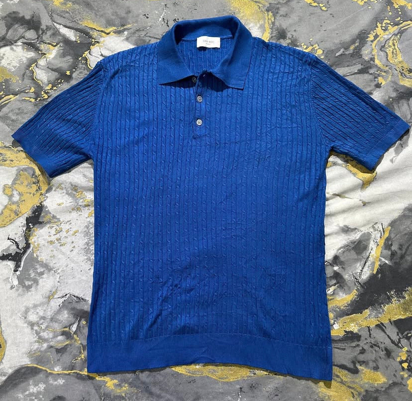 Royal Blue Cable Knit Buttoned Half Sleeves Knitted Polo