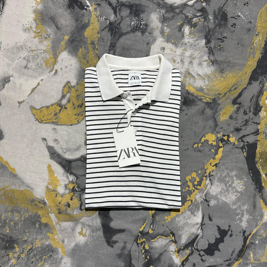 White Striped Textured Knitted Polo