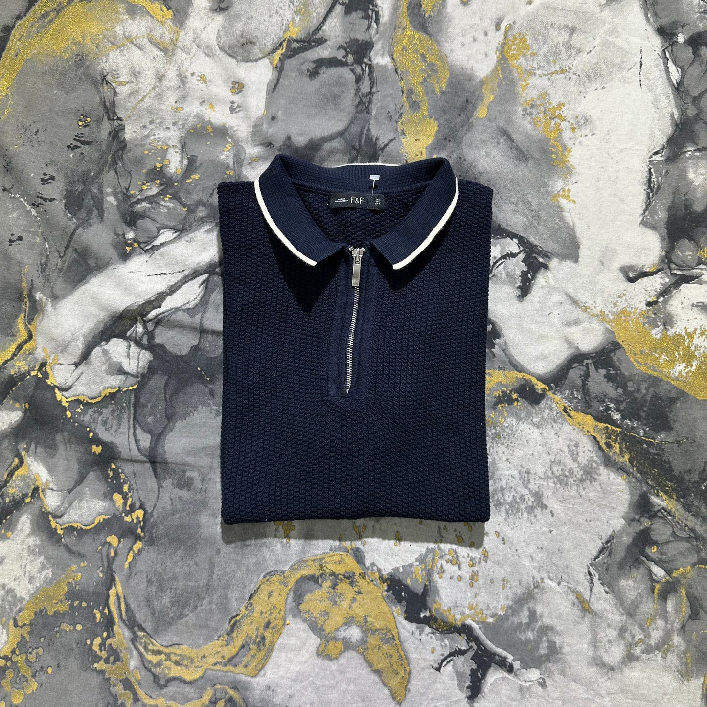 F&F Textured Patterned Knit Zipper Polo