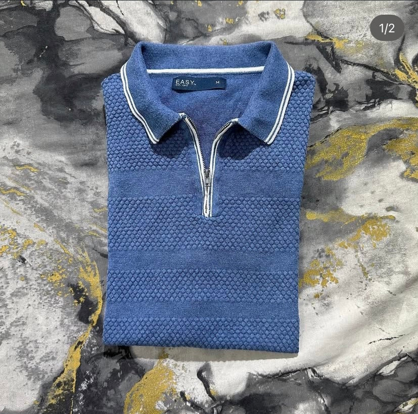 Light Blue Textured Patterned Cotton Zipper Polo