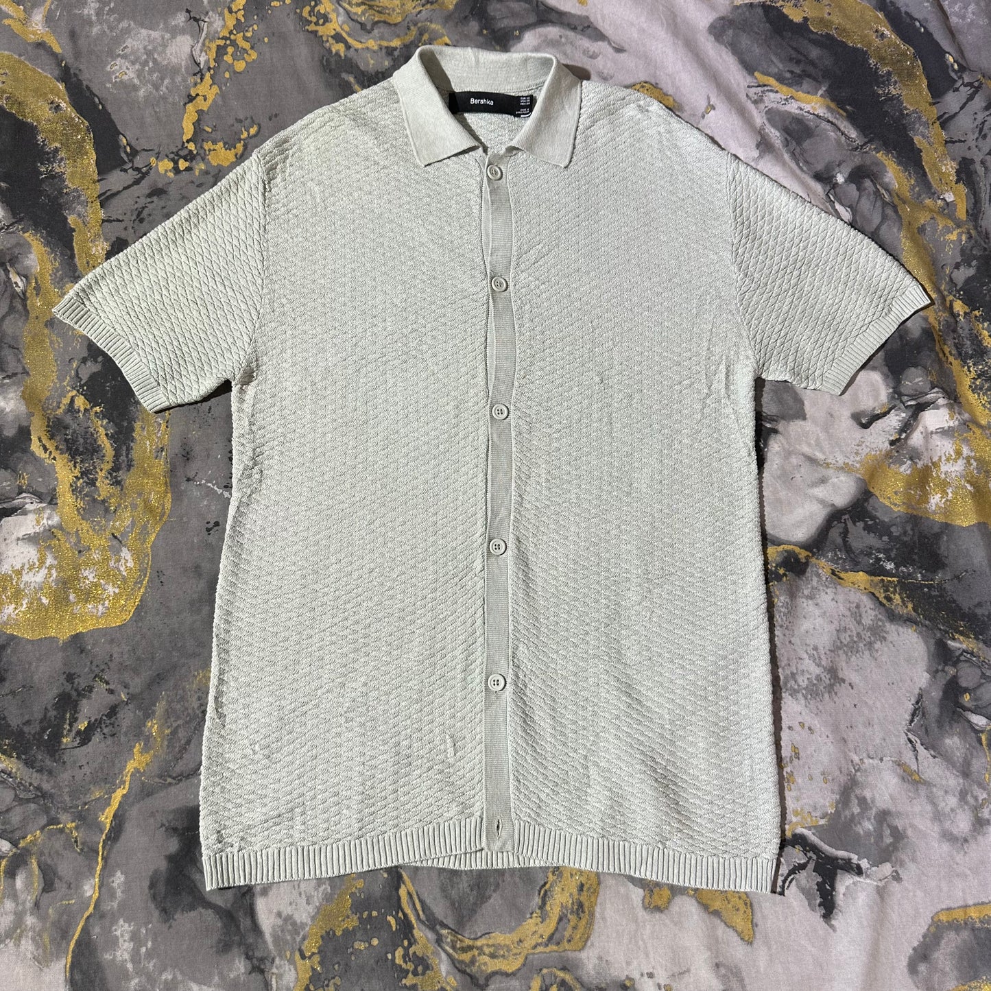 Bershka Grayish Green Tone Patterned Knit Buttoned Down