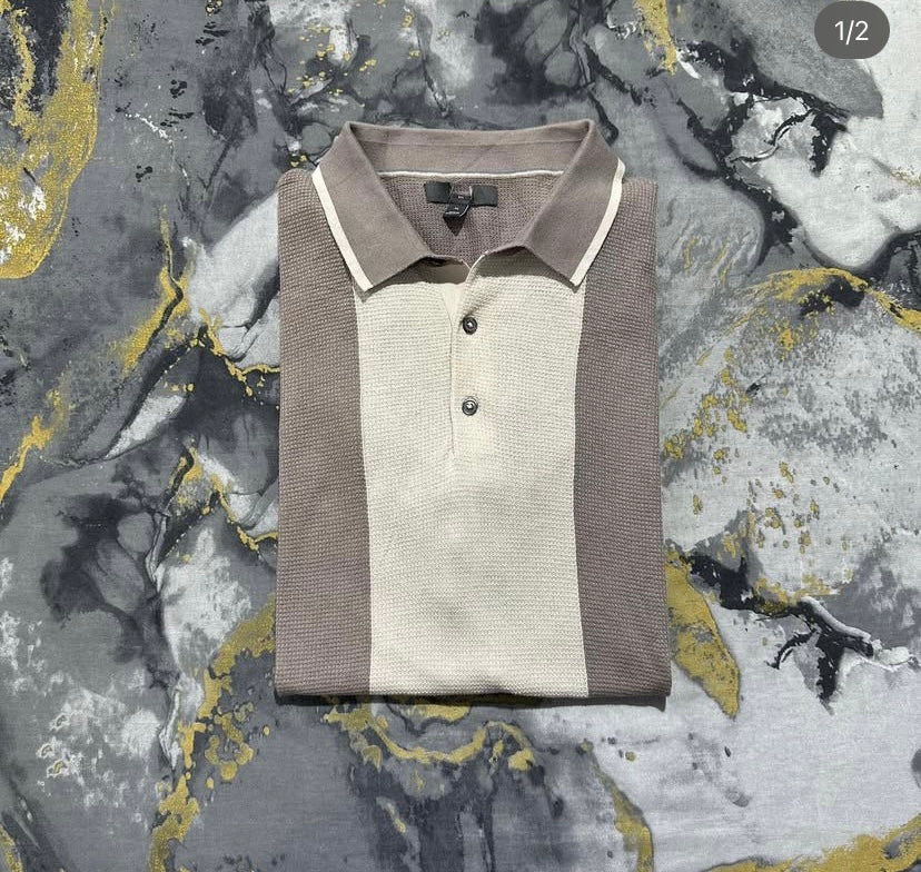 Beige and Pastel Brown Waffle Texture Knitted Polo
