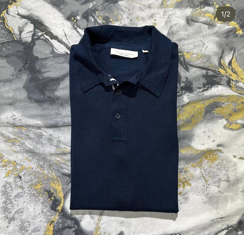 Navy-Blue Silk Cotton Buttoned Polo