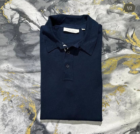 Navy-Blue Silk Cotton Buttoned Polo