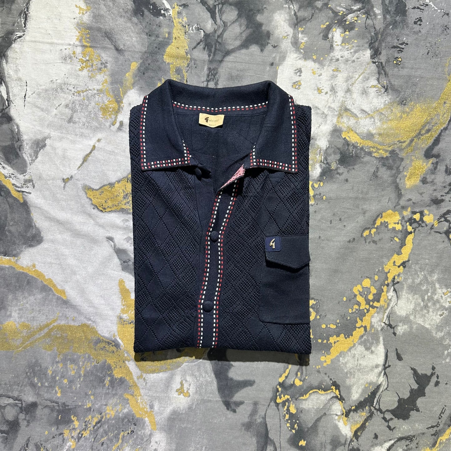 Gabicci Mesh Knitted Dark Blue Half Sleeves Buttoned Down