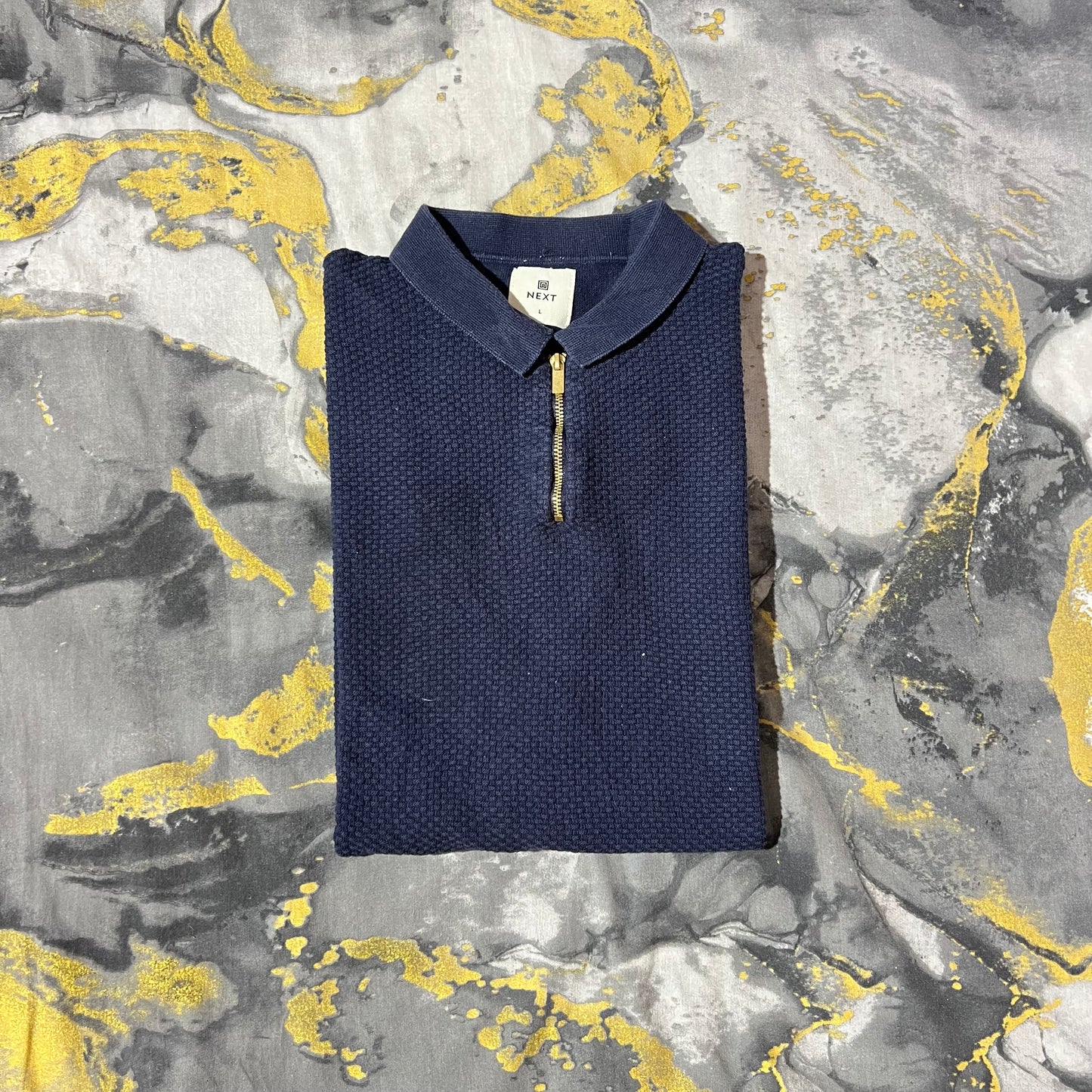 Dark Blue Waffle Knit Zipper Polo