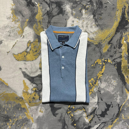 Blue and White Striped Textured Knit Cotton Polo