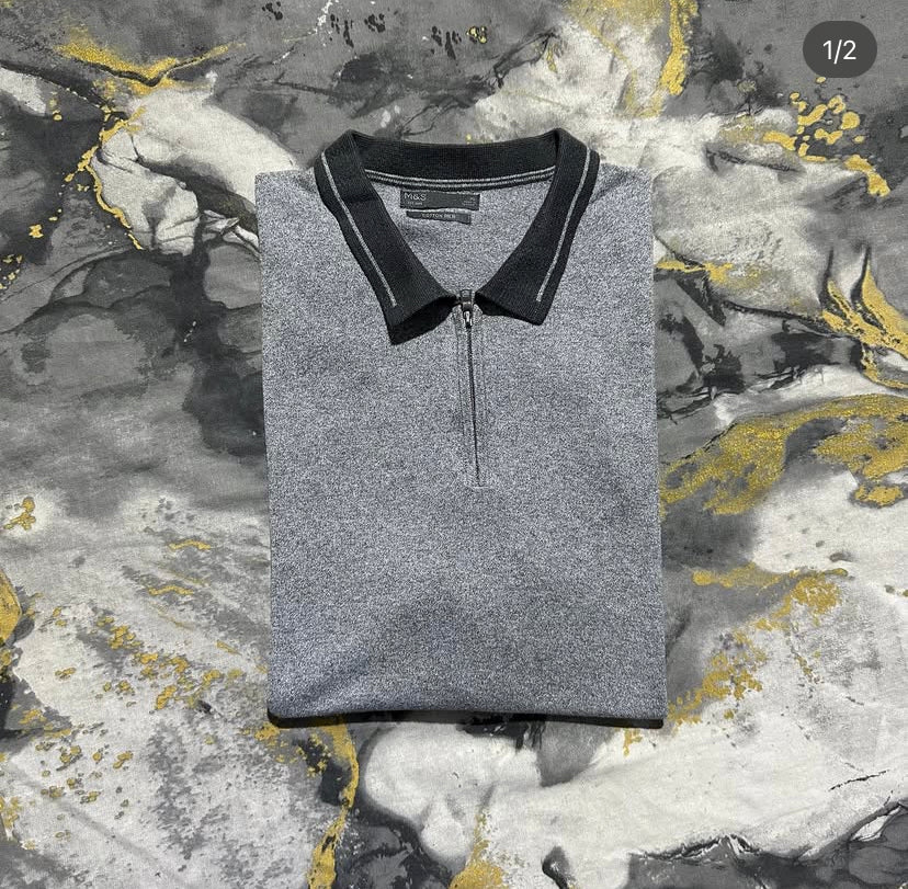 Grey and White Two Thread Knit Zipper Polo