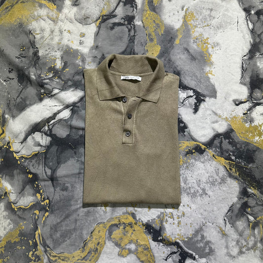 Zara Coffee Silk Cotton Knitted Buttoned Polo