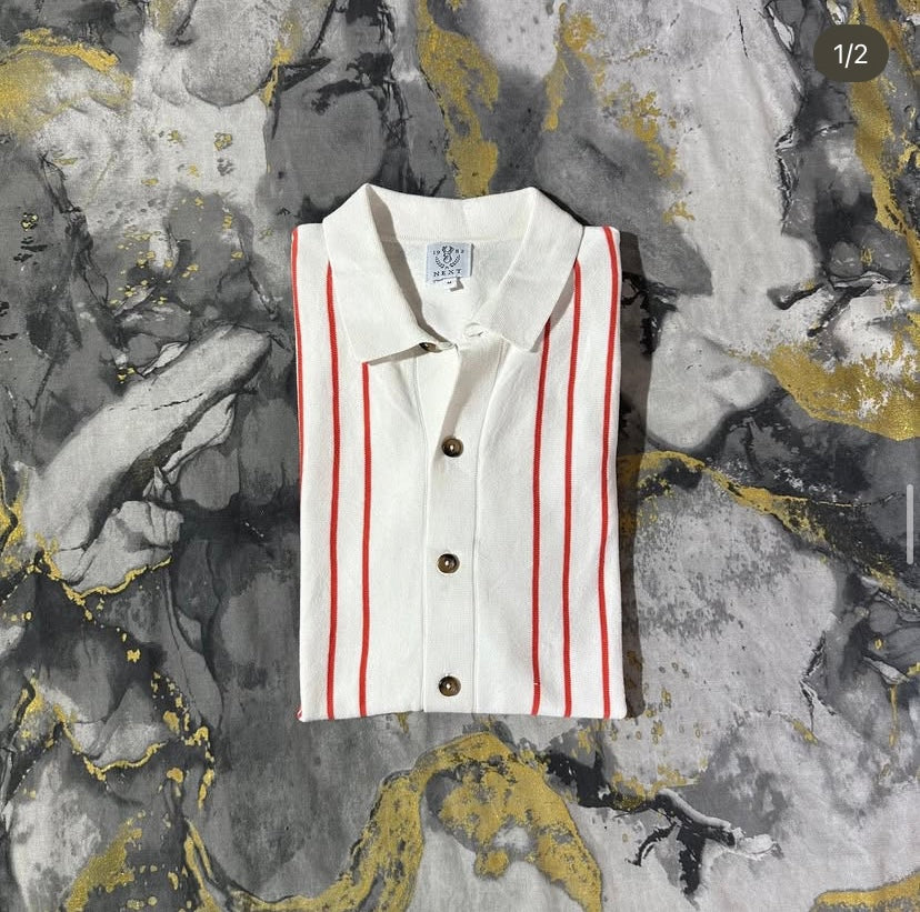 Red-White Striped Button Down Polo