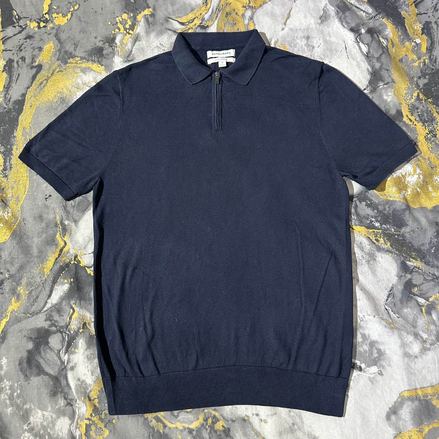 Dark Blue Silk Cotton Knitted Zipper Polo