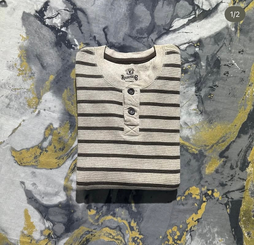 Skin-Brown Striped Full Sleeves Henley Shirt