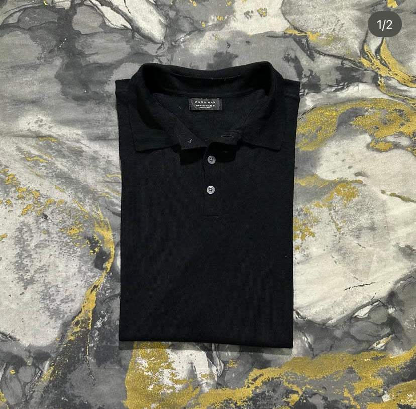 Jet Black Viscose Silk Buttoned Polo