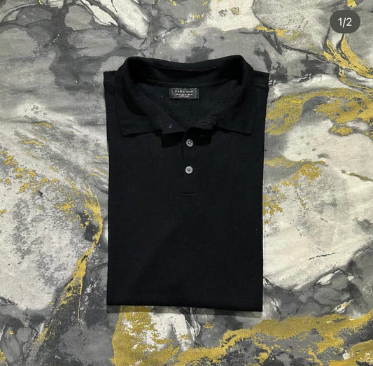 Jet Black Viscose Silk Buttoned Polo
