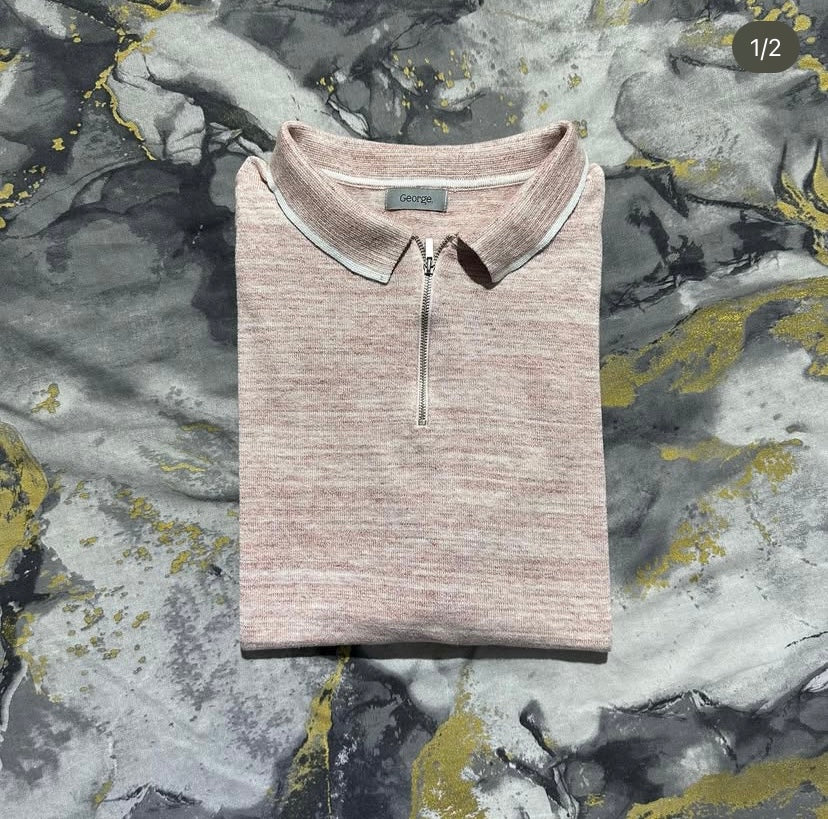 Peach and White Thread Blend Zipper Polo