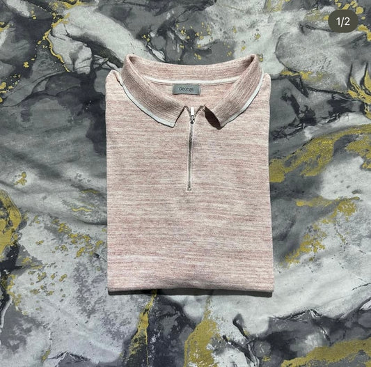 Peach and White Thread Blend Zipper Polo