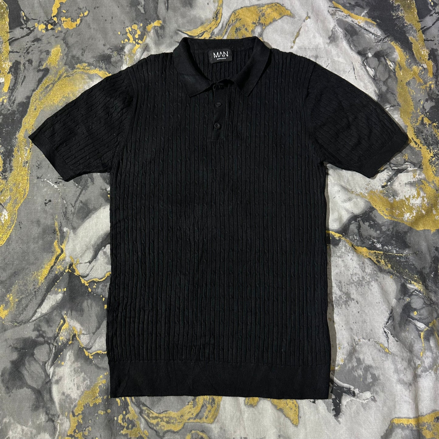 Dark Black Cable Knit Slimfit Polo