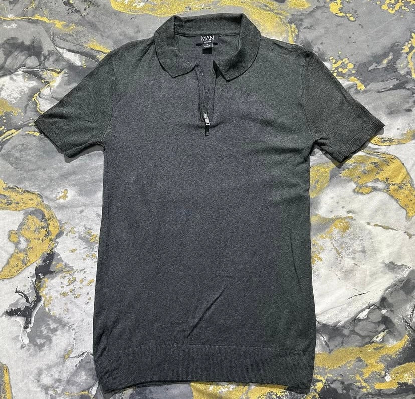 Charcoal Gray Slim Fit  Zipper Polo