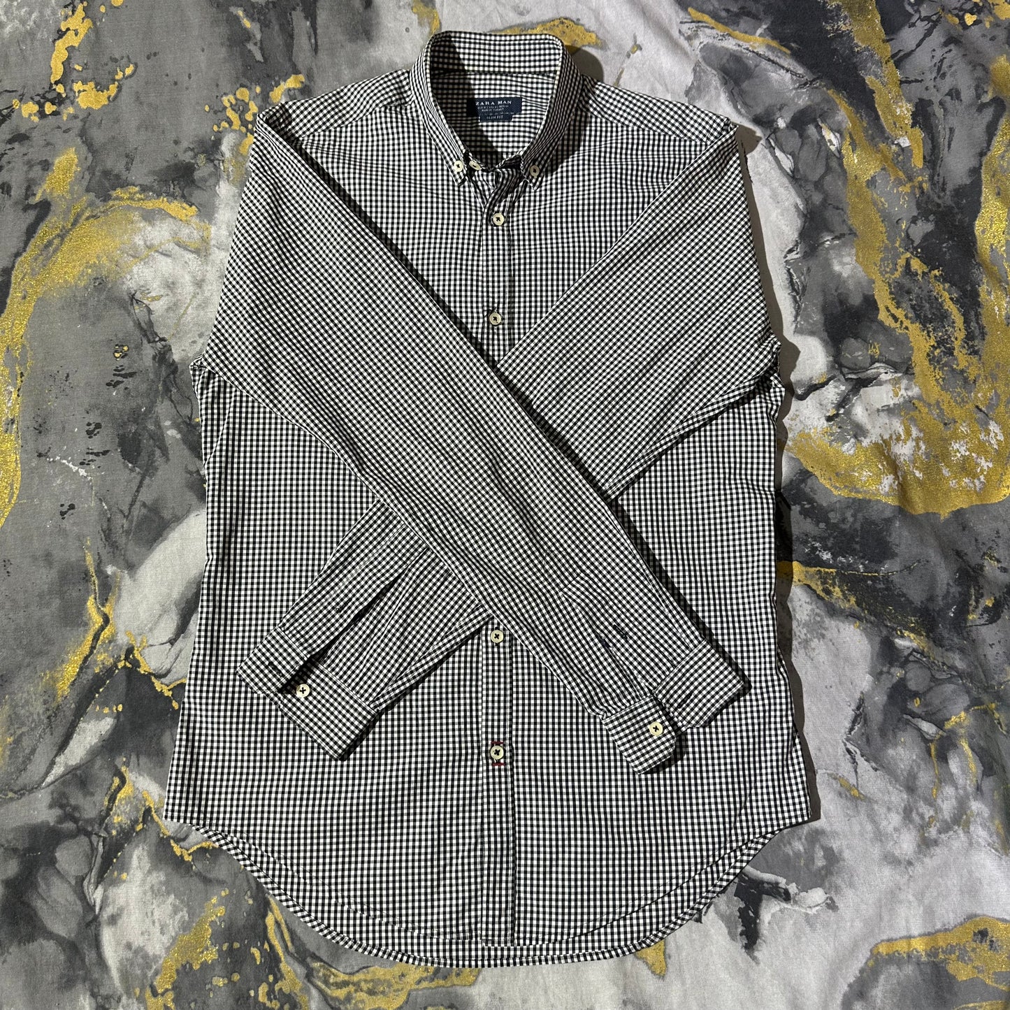Zara Black & White Checkered French Collar Shirt