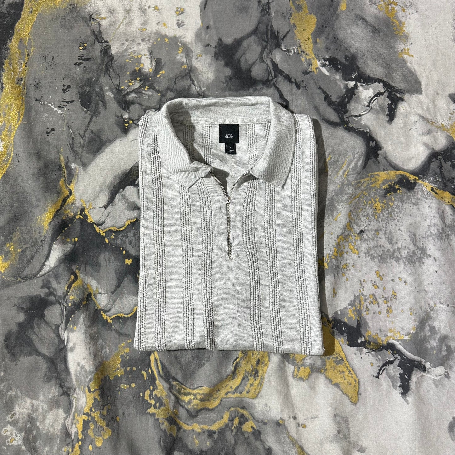 Gray Textured Knitted Zipper Polo