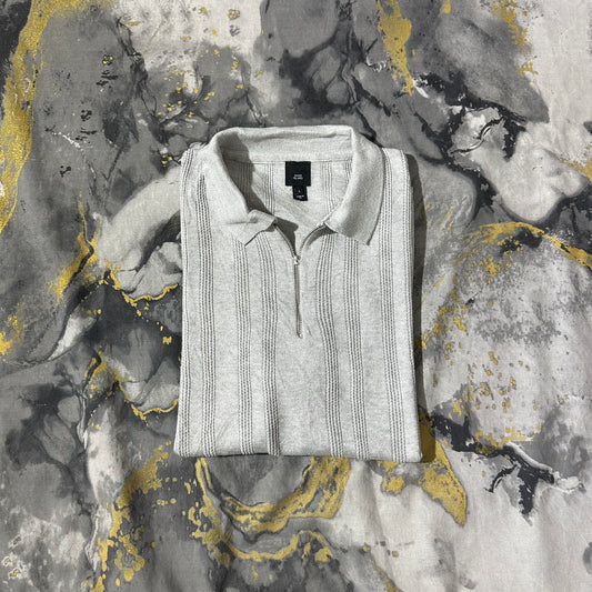 Gray Textured Knitted Zipper Polo