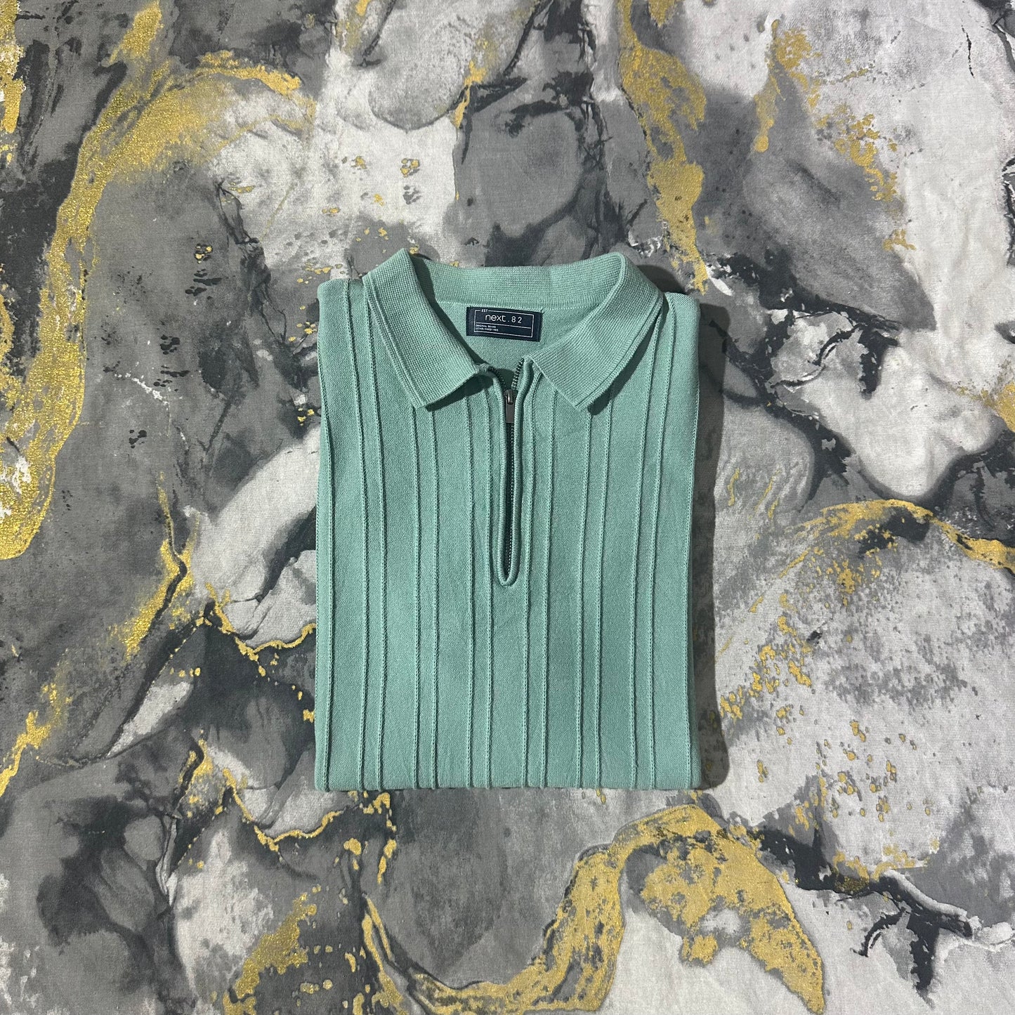 Turquoise Green Striped Knit Zipper Polo