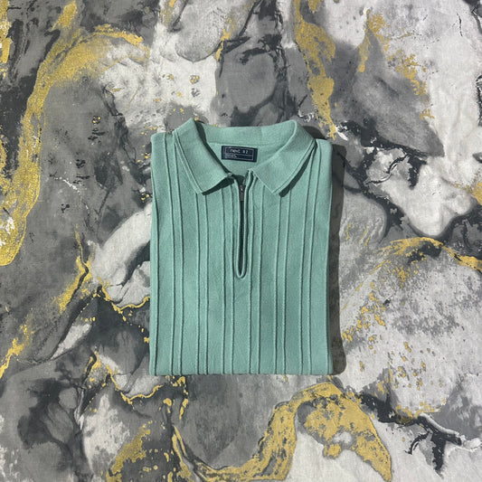 Turquoise Green Striped Knit Zipper Polo