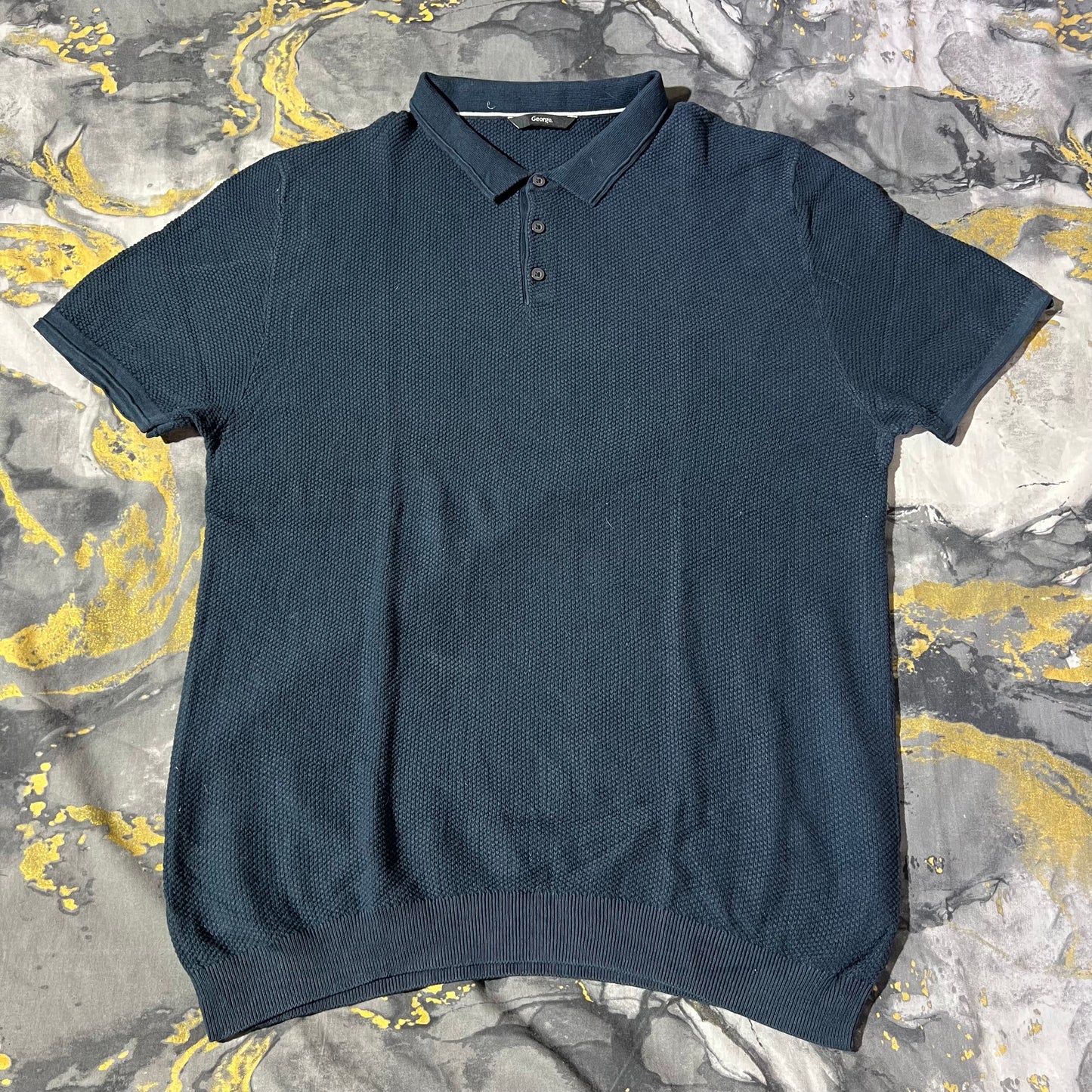 Blue Waffle Knit Textured Knit Polo