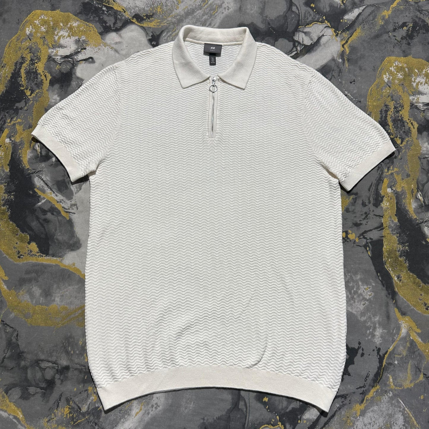 Pearl White Wavy Textured Knit Zipper Polo