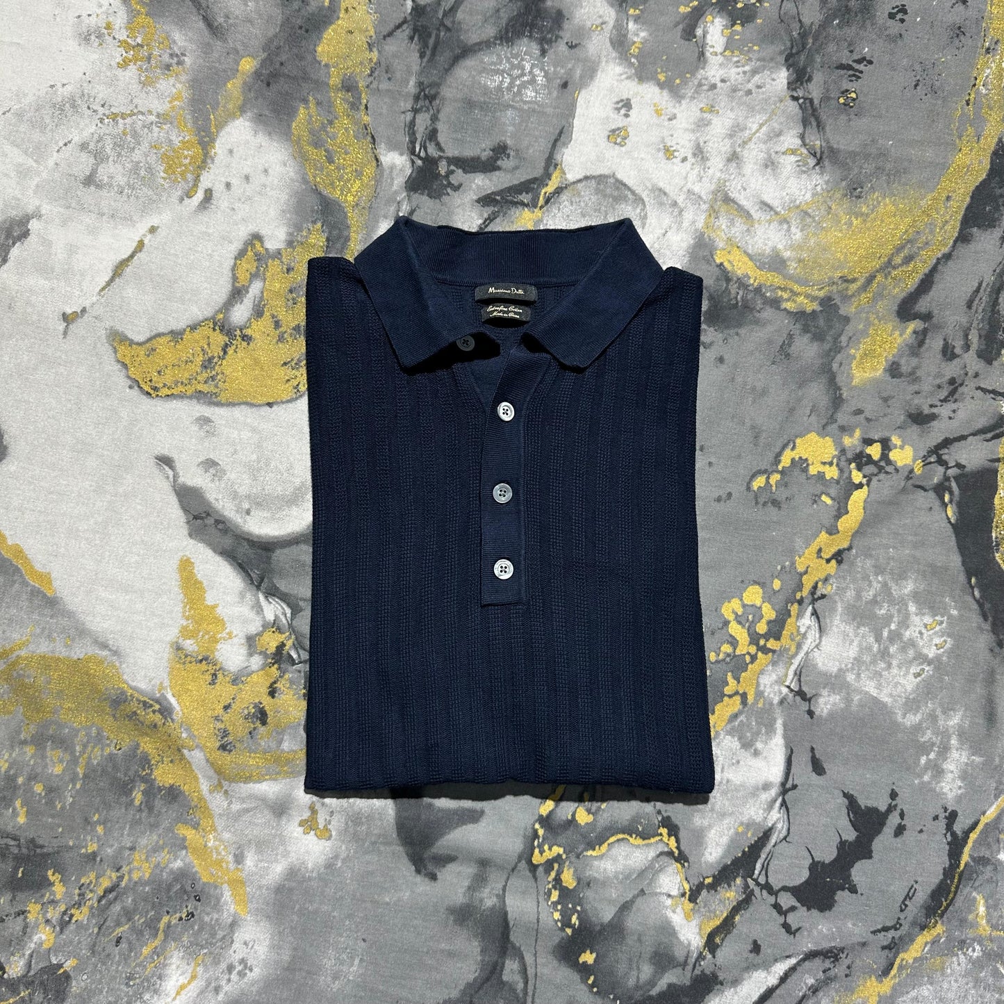 Navy-Blue Patterned Knit Silk Polo