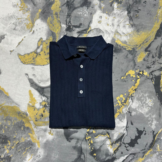 Navy-Blue Patterned Knit Silk Polo