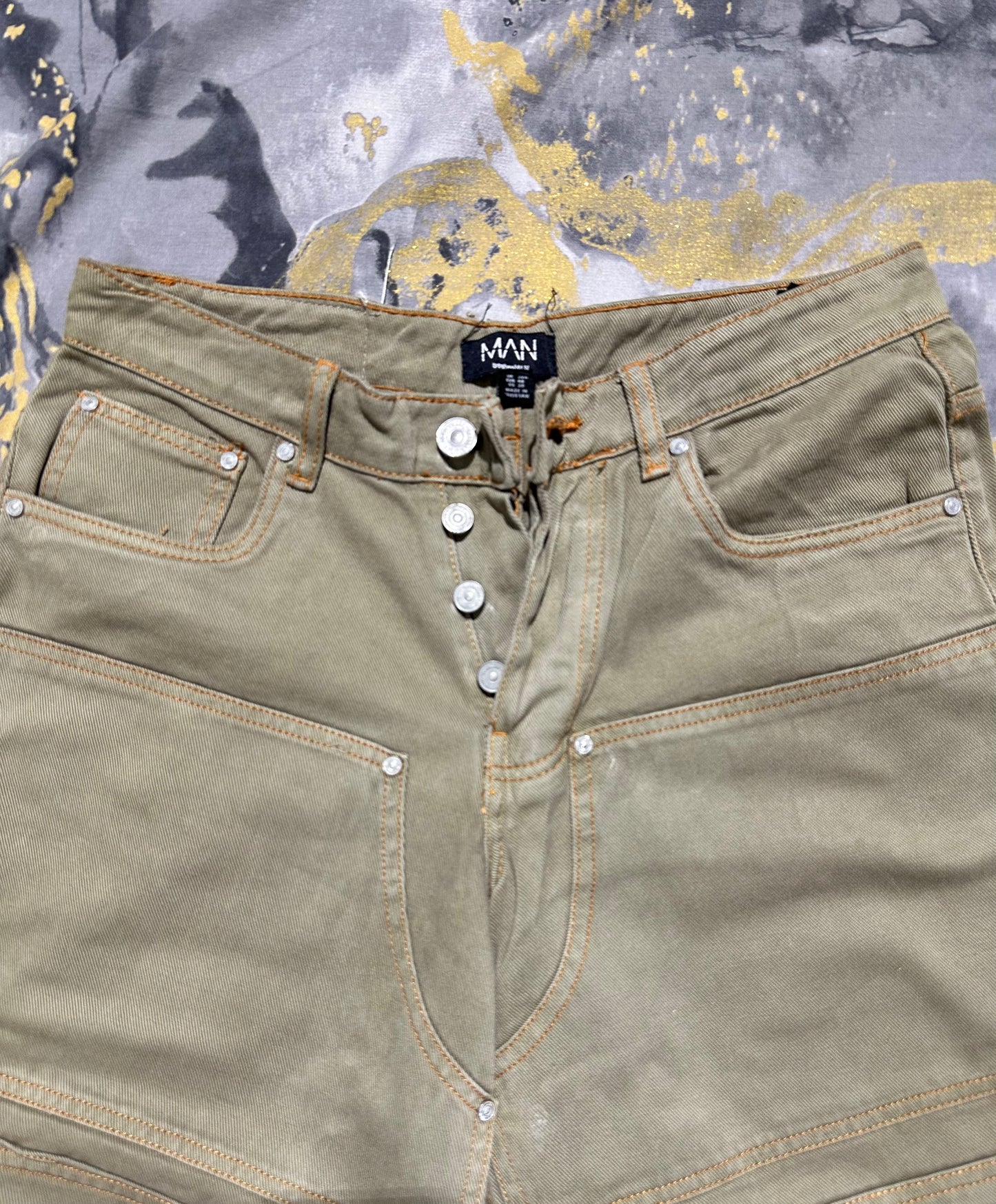 BOOHOO MAN Light Olive Green Cotton Baggy Jeans