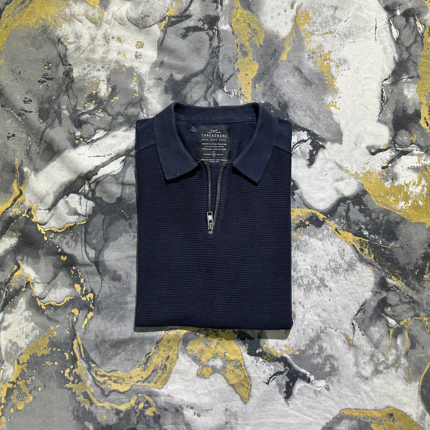 Threadbare Dark Blue Line Pattern Knitted Zipper Polo