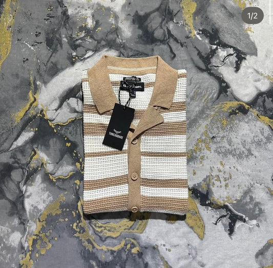Brown-White Mix Knitted Button Down Polo