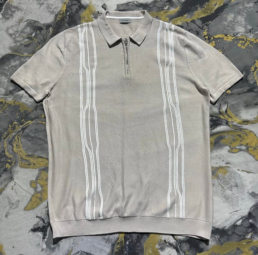 Beige with White Stripes Zipper Polo