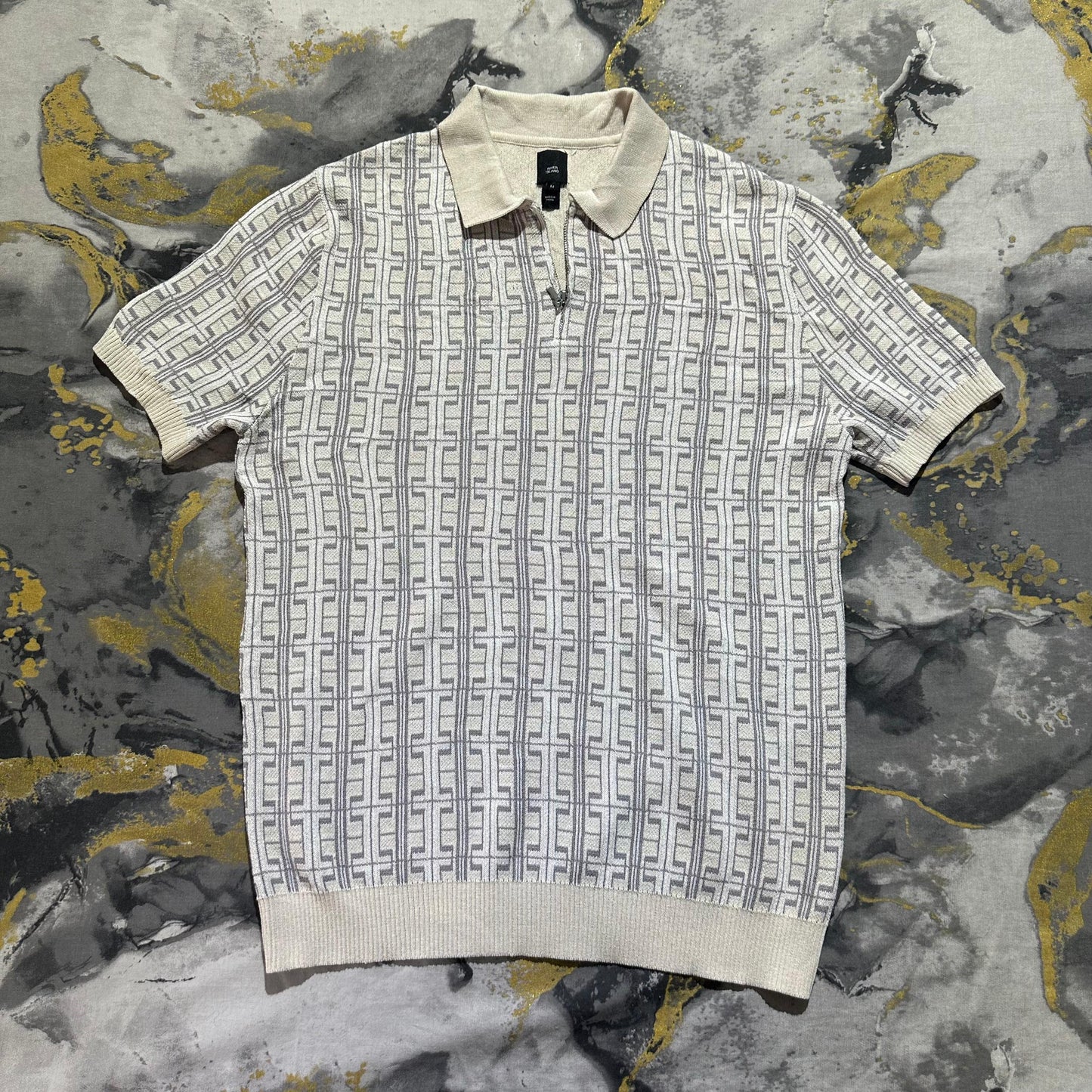 White Patterned Zipper Polo