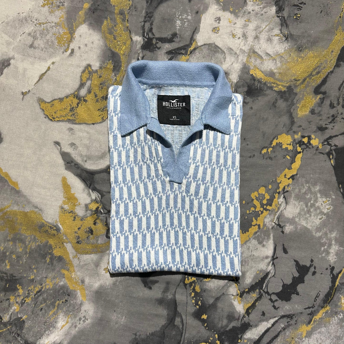 Sky Blue and White Patterned Knitted Busan Collar Polo