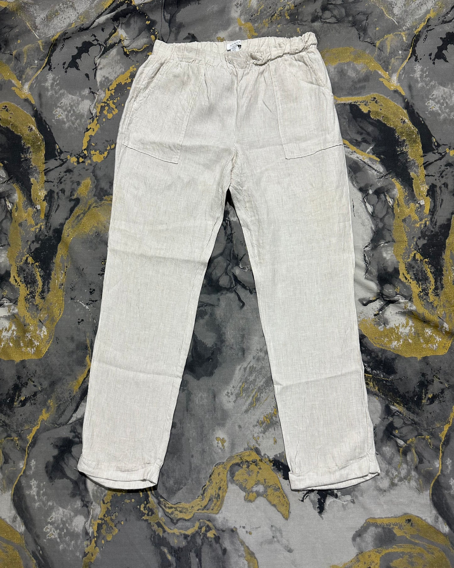 KENAR Linen Straight Fit White Stripes Pants
