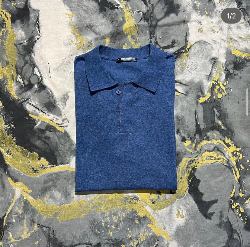 Deep Blue Buttoned Collar Knitted Polo