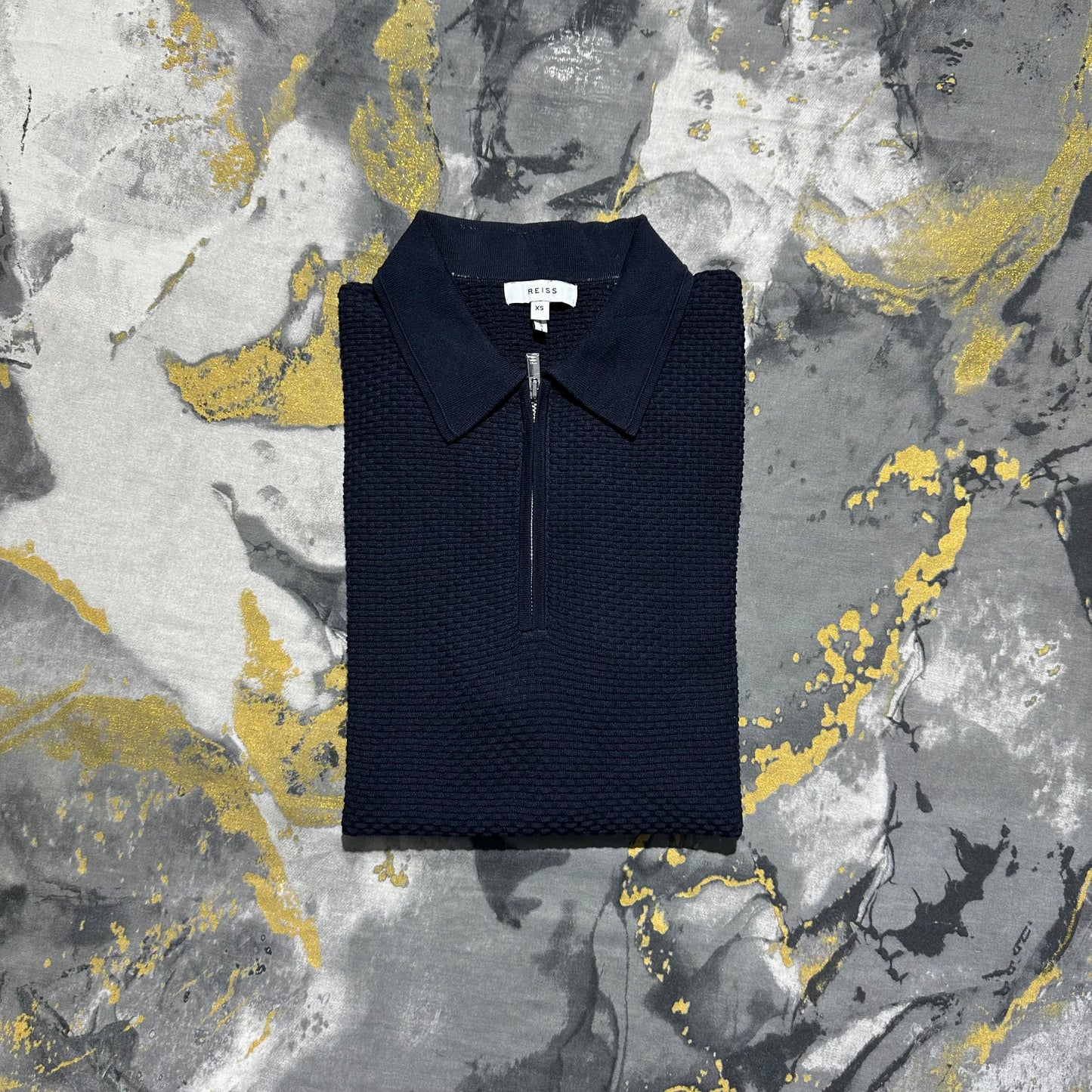 Navy-Blue Square Textured Zipper Knitted Polo