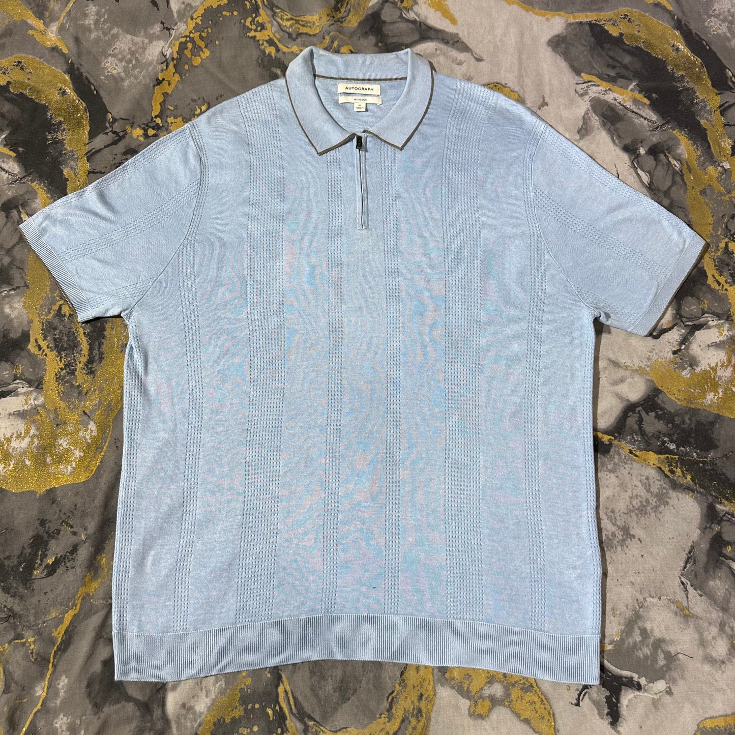Sky Blue Silk Cotton Zipper Polo