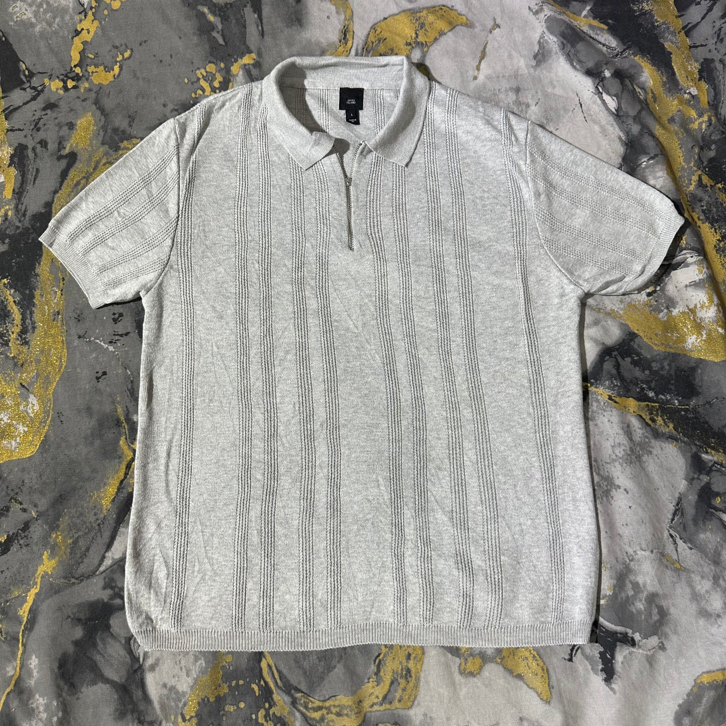 Gray Textured Knitted Zipper Polo