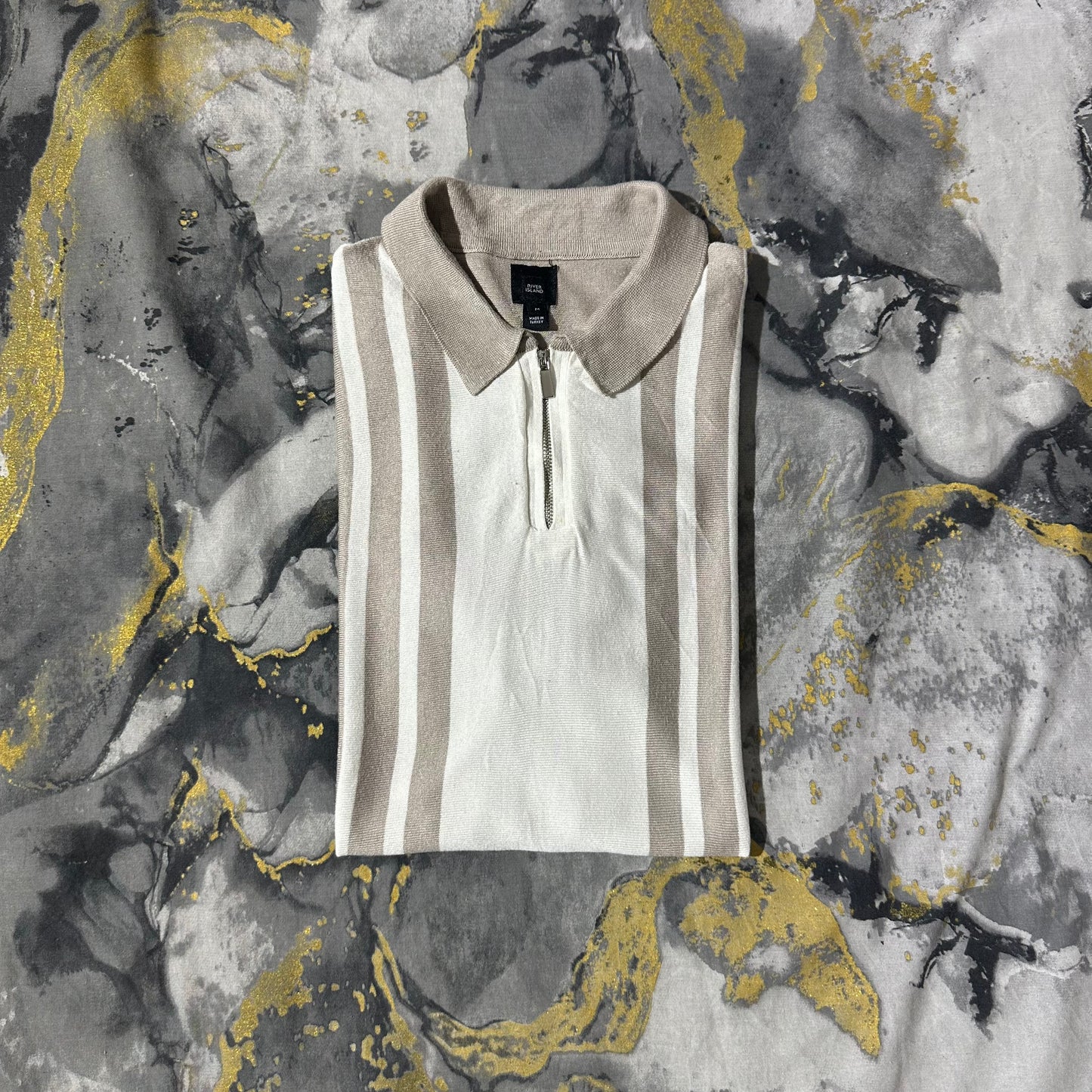 Beige/White Stripes Silk Cotton Zipper Polo