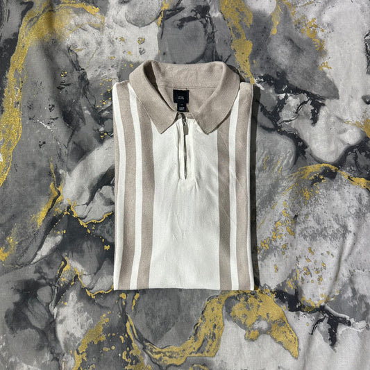 Beige/White Stripes Silk Cotton Zipper Polo