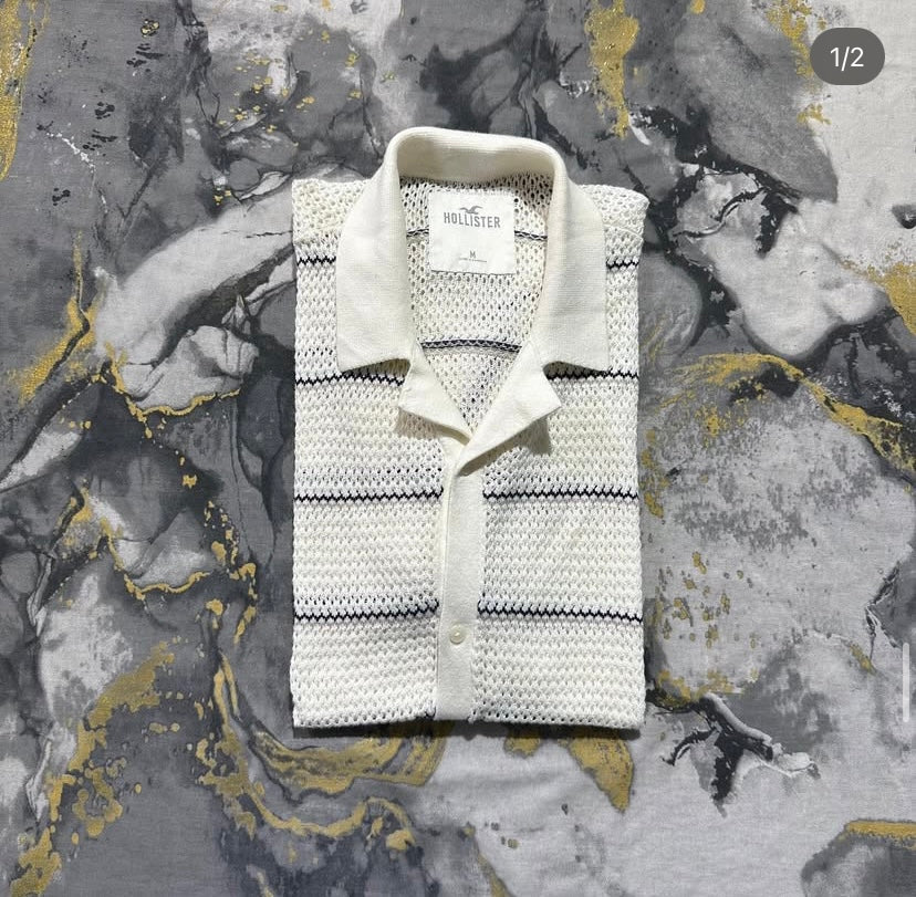 White Textured Button Down Polo