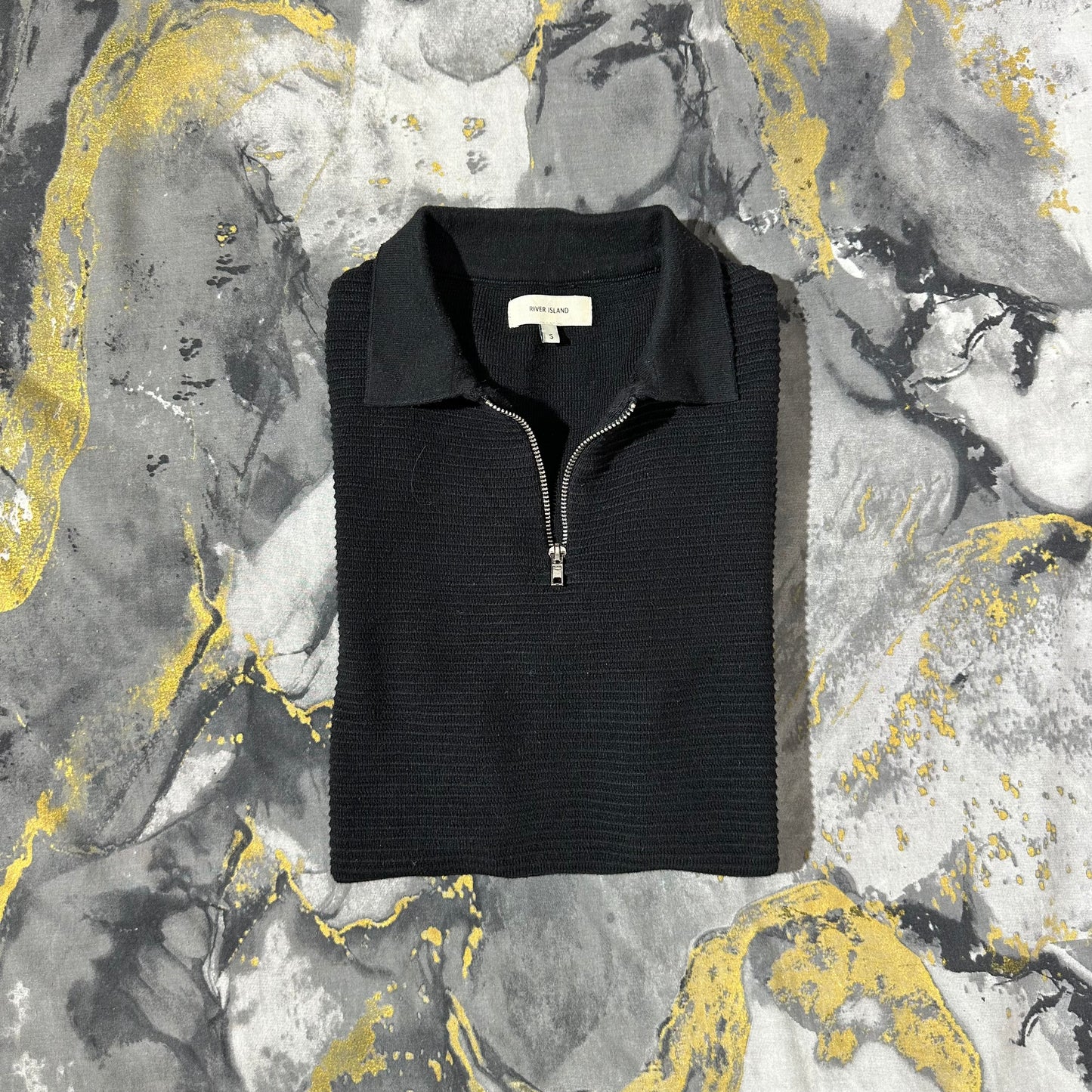 Black Patterned Knitted Zipper Polo