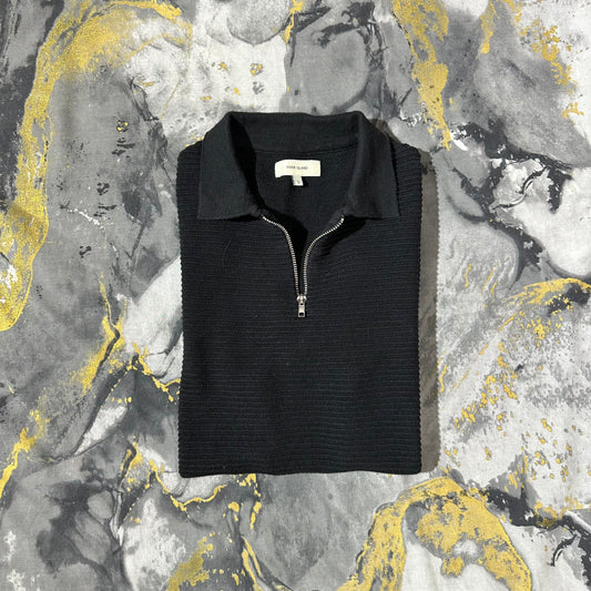 Black Patterned Knitted Zipper Polo