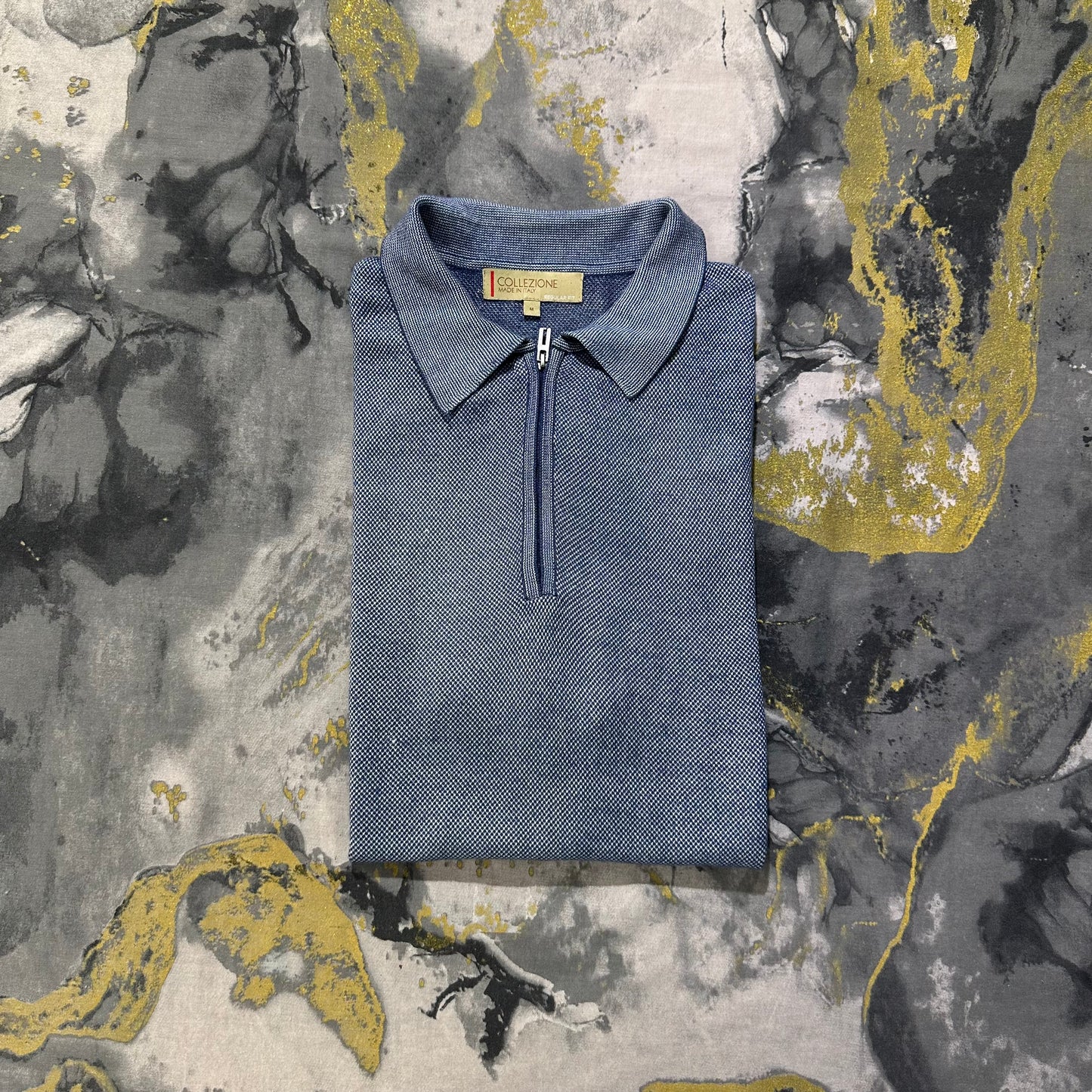 M&S Collezione Blue and White Thread Knitted Zipper Polo