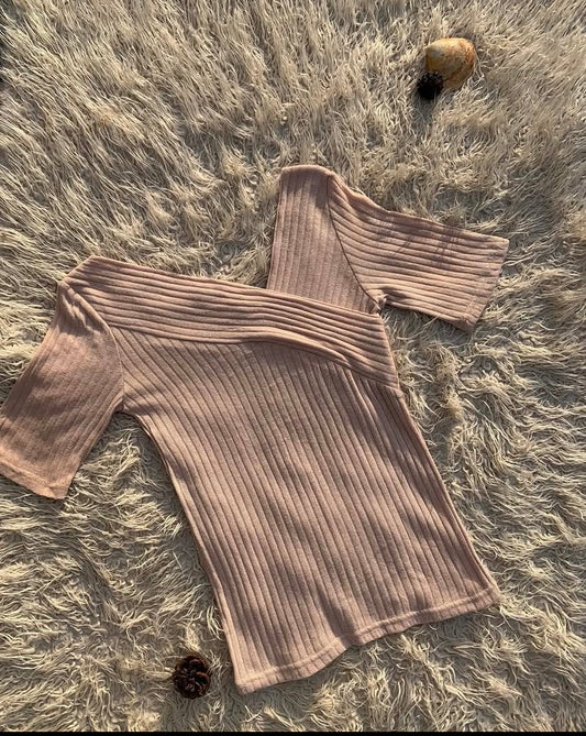 Beige Ribbed V-Neck Shirt