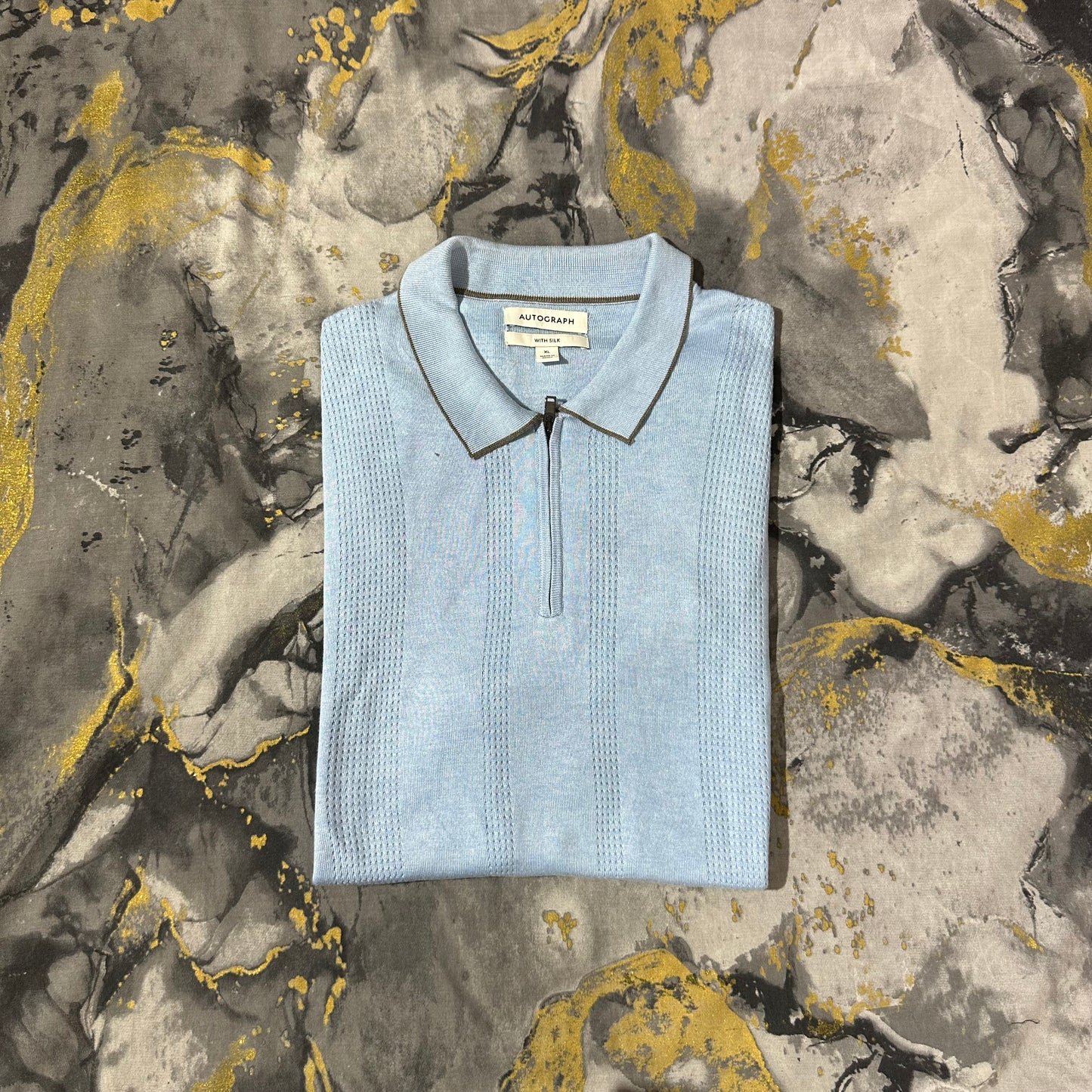 Sky Blue Silk Cotton Zipper Polo